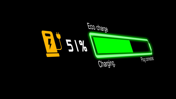彩色电动汽车汽车充电过程中显示电池的充电进度随着百分比的增加而增加，显示充满到100%图片下载