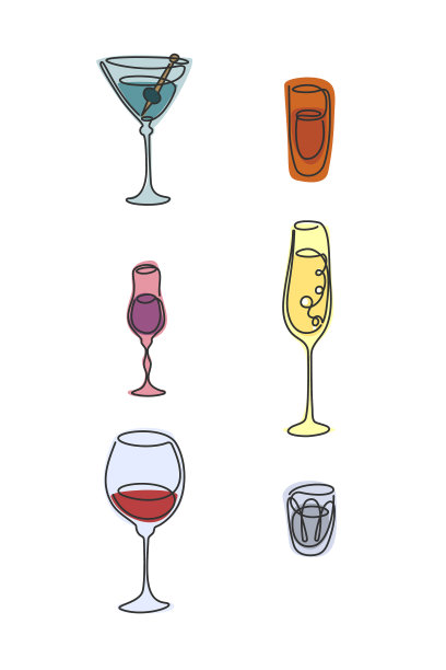 一条线画马提尼酒，朗姆酒，香槟红色图片下载