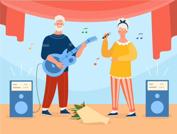 一对白发苍苍的老夫妇一边弹吉他一边唱歌图片下载
