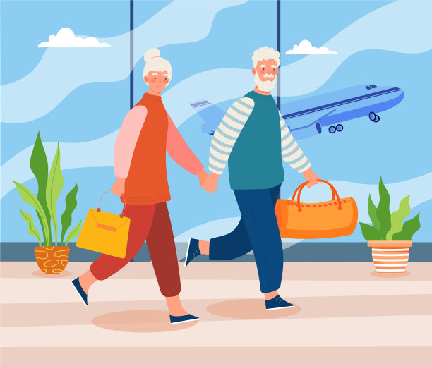 一对老夫妇在机场候机楼里手牵着手图片下载