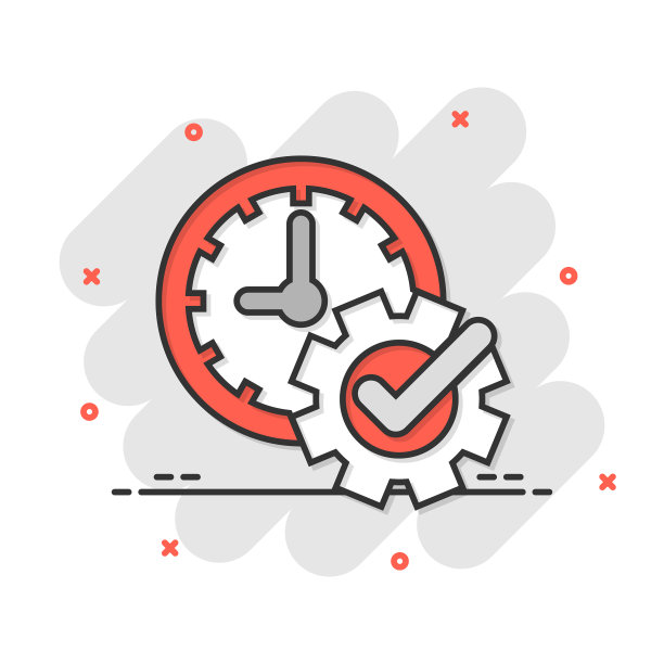检查标志上的时钟图标在漫画风格齿轮与图片下载