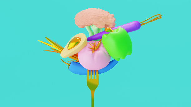 创意减肥食品概念，健康生活方式的展示。把蔬菜放在叉子上。3 d渲染。金元素图片下载