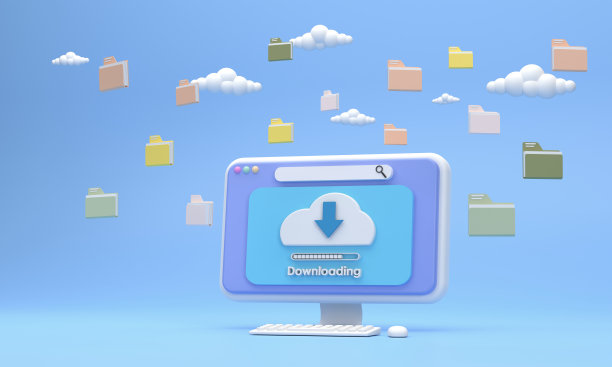 电脑屏幕以系统Wi-Fi网速下载文件有一个文件夹的文件漂浮在天空和云。需要快速集成和数字数据收集的业务想法。图片下载