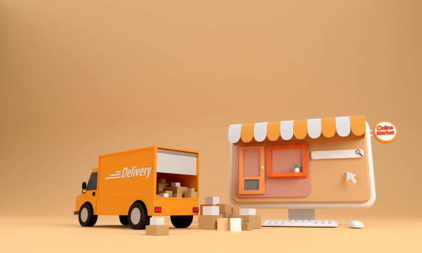 电子商务概念、网上购物及计算机应用配送服务、卡车高速配送、图片下载