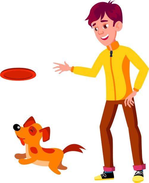 快乐男孩在公园里为宠物狗扔盘子玩具图片下载