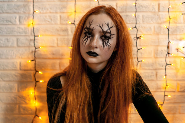 万圣节女巫肖像，背景是花环。图片下载