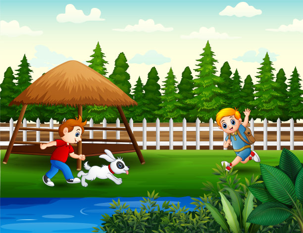 快乐的男孩们在公园里奔跑玩耍图片下载