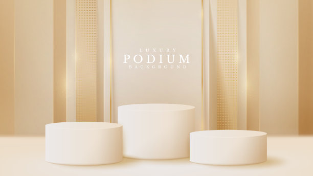 白色讲台展示产品和闪耀的金色线条场景，逼真的3d豪华风格背景，矢量插图推广销售和营销。图片下载