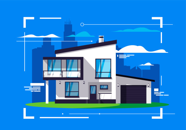 矢量插图的一个现代的乡村两层房子的剪影的背景上一个大城市，城市，生活在私人住宅，在城市之外图片下载