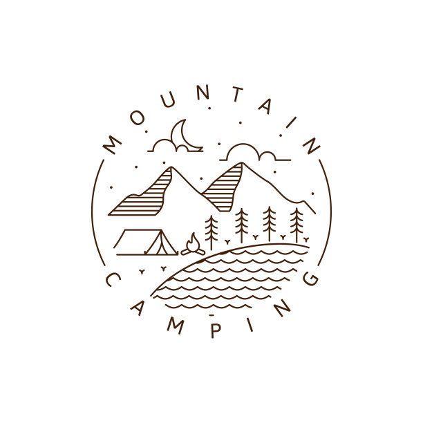 野营标志或插图单线或线条艺术风格矢量图片下载