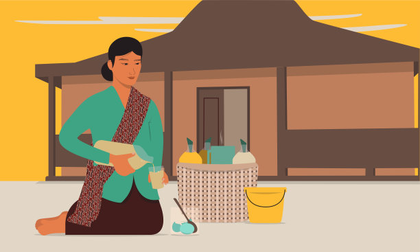 下午，爪哇传统房屋附近，穿着kebaya的妇女提供“Jamu Gendong”图片下载