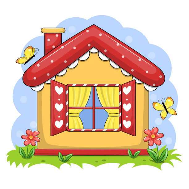 可爱的红色屋顶的卡通房子。图片下载