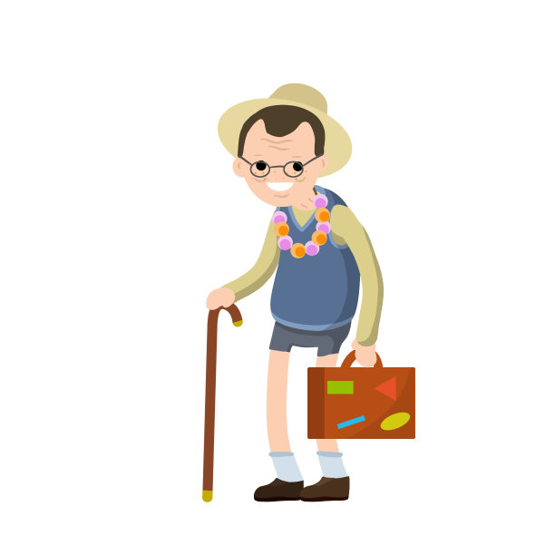 穿着短裤戴着帽子度假的老人。随身带着旅行用的手提箱。退休。南方之旅图片下载