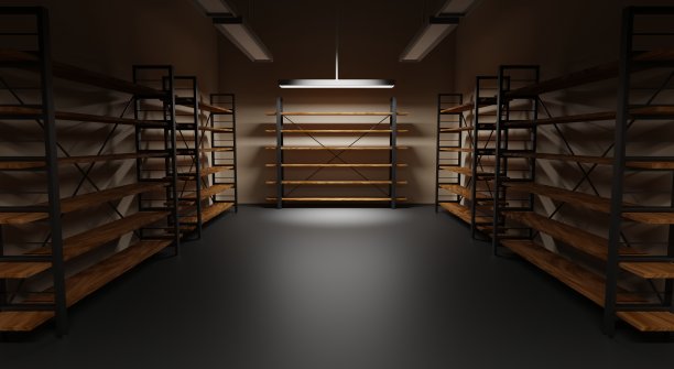 空货架的仓库晚上。真实的室内黑暗的工业储藏室与木制货架上的金属底座，墙壁，聚合物地板和灯。仓库在商店，车库或市场，3d渲染图片下载