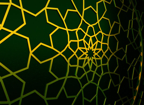 绿色墙壁上带伊斯兰门扉的金色阿拉伯装饰图片下载