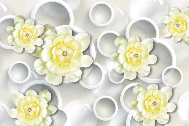 3d壁纸黄花壁画与白色背景和圆圈和白色圆圈。图片下载