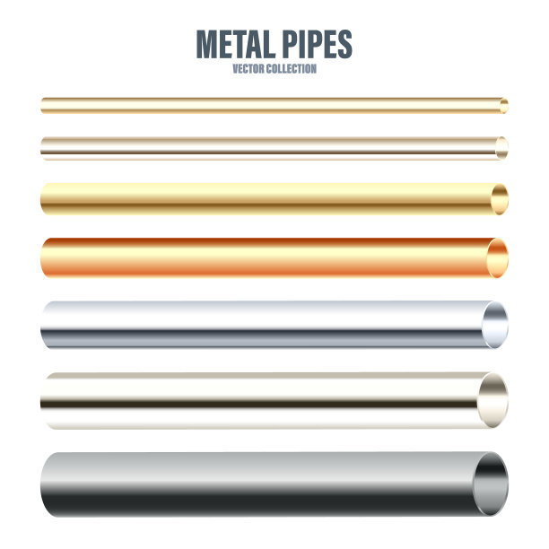 钢管和铜管的收集。建筑材料。抛光的金属质感。银色的梯度。矢量图图片下载