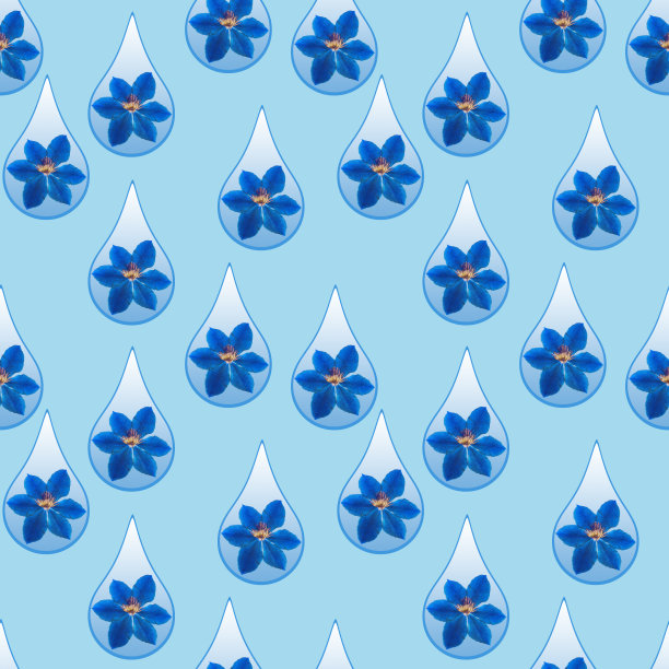 插图与花卉元素。铁线莲。雨滴的模式。水滴、雨元素的现代设计适用于海报、墙纸、明信片、纺织品等装饰图片下载