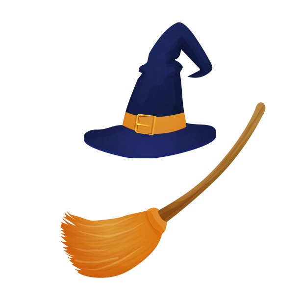 女巫帽配扫帚，魔法元素在卡通风格孤立在白色背景上。巫师装备，幻想服装。万圣节的可怕的东西。矢量图图片下载