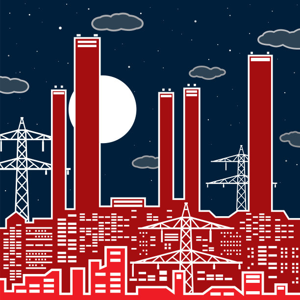 电厂概述，能源工业插图，城市夜景。工厂基础设施。矢量设计艺术图片下载