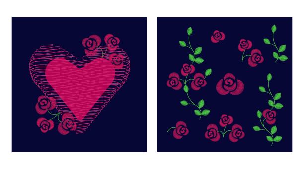 刺绣元素玫瑰红带叶。点缀矢量插图。图片下载