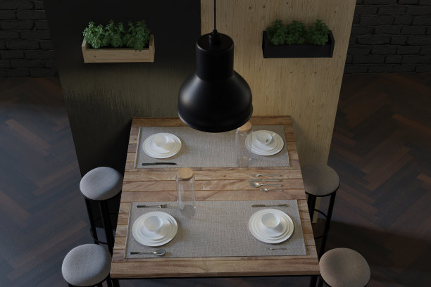 3d渲染的豪华阁楼风格咖啡馆与木板，桌子和悬挂工业灯图片下载