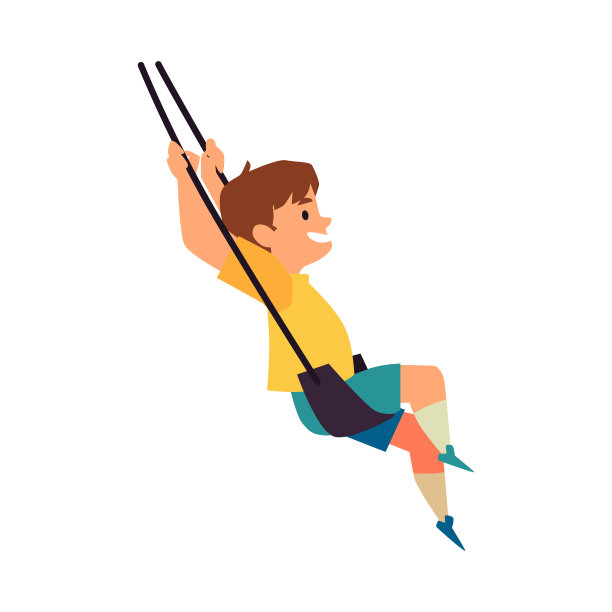 开心微笑的孩子荡秋千在绳子上，平面矢量插图孤立。图片下载