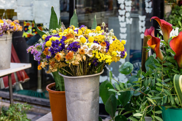 在巴塞罗那的兰布拉卖花的摊位上的花束的细节图片下载