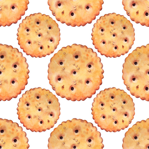 无缝图案水彩饼干饼干与盐，饼干在白色的背景。早餐或午餐吃零食。为菜单，咖啡馆，卡片，包装，自助餐厅，烹饪书的手绘剪辑艺术图片下载