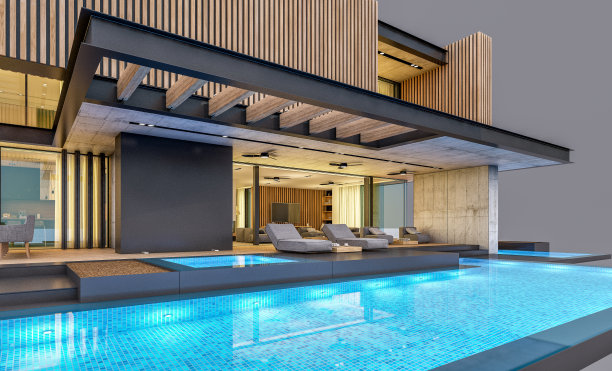 灰色背景现代木质房屋3D渲染图片下载