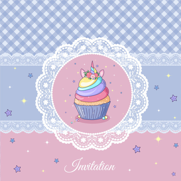 独角兽纸杯蛋糕的复古卡片图片下载