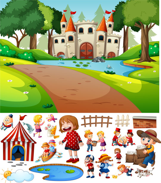 城堡在森林场景与孤立的卡通图片下载