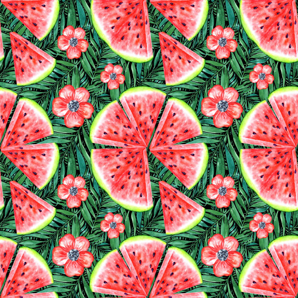 西瓜、花朵和绿叶的无缝图案。对比颜色图片下载
