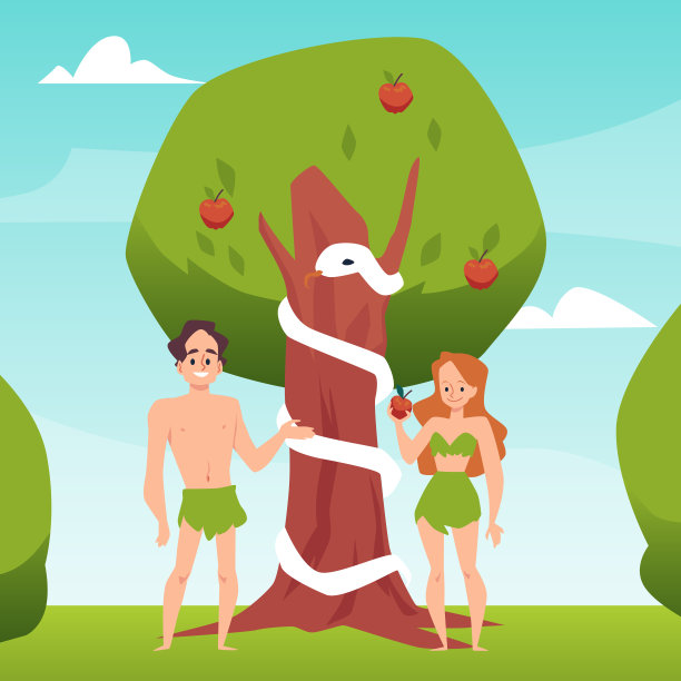 亚当夏娃的诱惑与禁果，平面矢量插图。图片下载