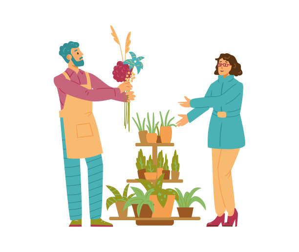 花店男花商或卖主向女顾客出售漂亮的花束。图片下载