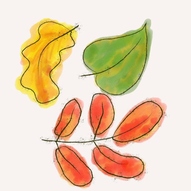 一套素描水彩树叶。秋天色彩斑斓的橡树、白蜡树和白桦树孤立在白色上。明亮的暗色和淡红色、橙色、黄色、绿色有污渍。秋天，金印第安的夏天图片下载