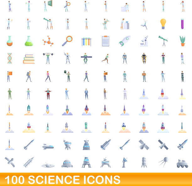100个科学图标设定卡通风格图片下载