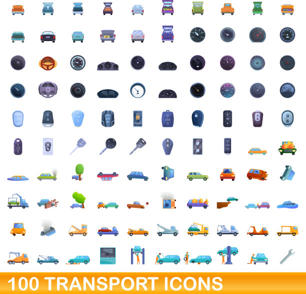 100个运输图标设置卡通风格图片下载