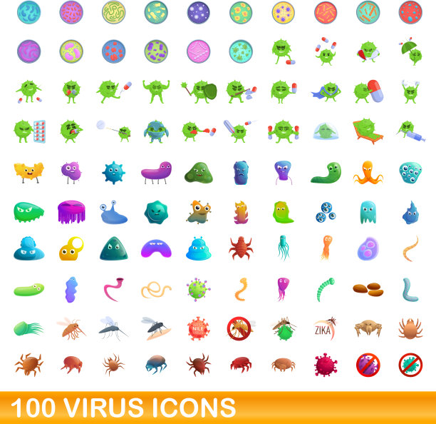 100个病毒图标设置卡通风格图片下载