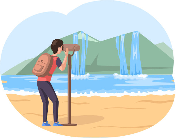 一名带着双筒望远镜的游客站在沙滩上图片下载