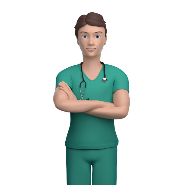 一个带听诊器的卡通人物的插图。这个男人站在那里微笑着。三维渲染图片下载