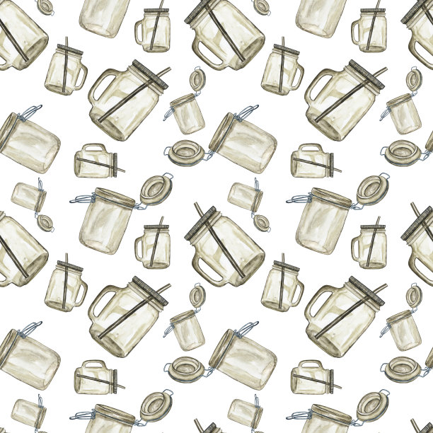 可爱的无缝图案与玻璃瓦罐白色背景。完美的数码纸，烹饪纺织品，打印。水彩手绘插图。图片下载