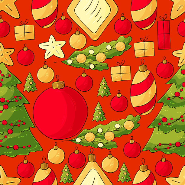 图案在手绘风格。无缝矢量图案与圣诞树装饰，礼物。新的一年图片下载