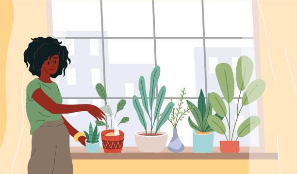 窗户上有植物卡通女人浇水图片下载