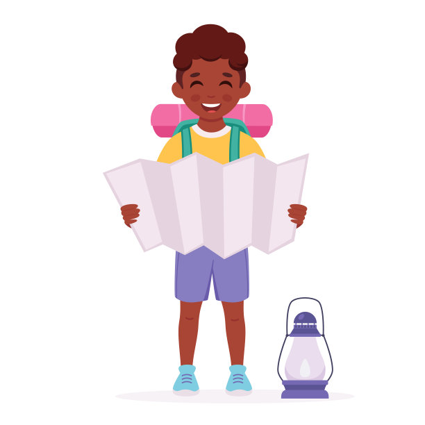 黑人童子军，带着地图，背着背包。露营，孩子们的夏令营。矢量图图片下载