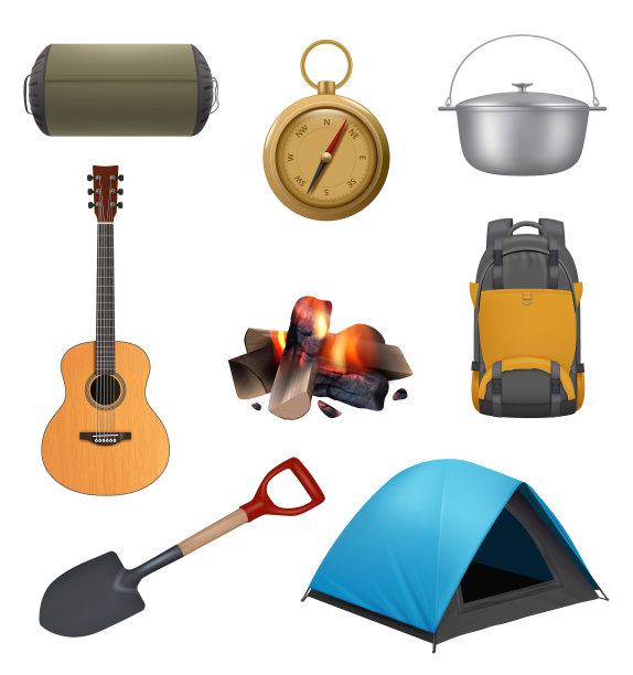 露营元素逼真的营火帐篷吉他图片下载