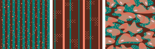 集矢量无缝模式与条纹，波尔卡点，伪装，线在赤橘，翠绿色的颜色在深棕色的背景。秋季时尚的色彩几何。朴实的调色板。图片下载
