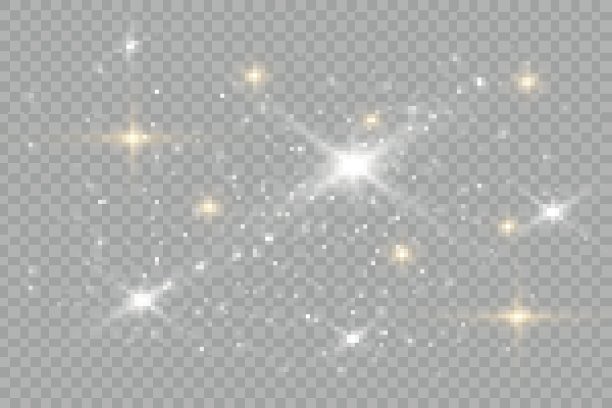 灰尘是白色的。白色的火花和金色的星星闪烁着特殊的光芒。在透明背景上的矢量闪光图片下载
