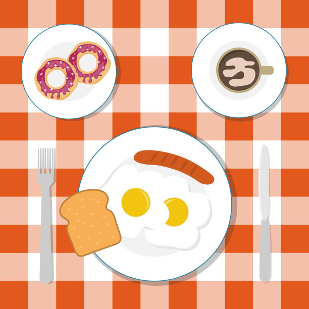 早餐。早餐的概念是炒蛋，香肠，吐司。甜甜圈和咖啡杯。向量,卡通插图。向量。图片下载