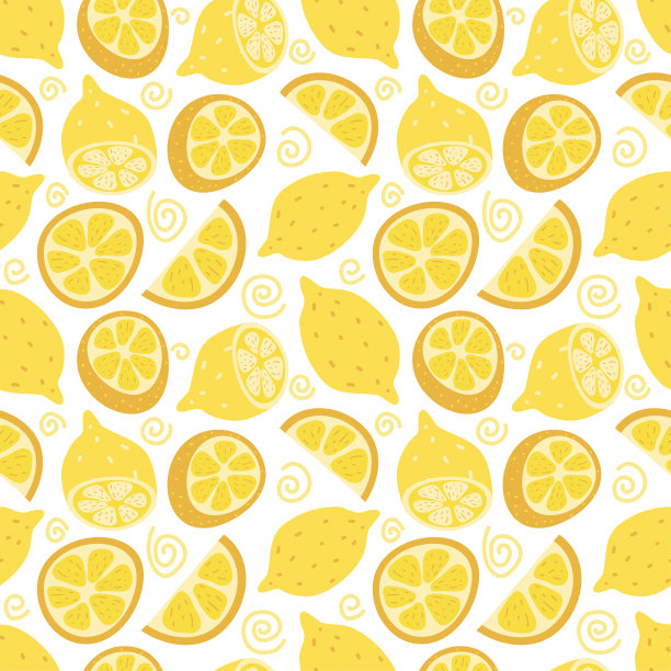 新鲜柠檬，橙色背景，手绘图标。涂鸦壁纸向量。彩色无缝图案与新鲜水果收集。装饰性插图，适合印刷图片下载